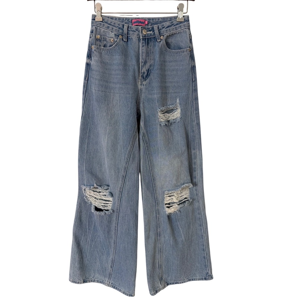 Edikted Women Small Light Wash Distressed Wide Leg High Rise Cotton Jeans